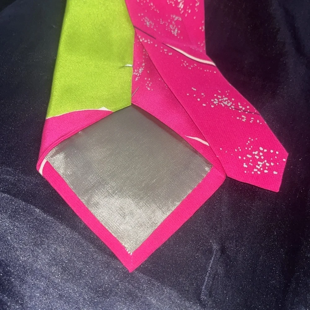 Stylish Pink & Lime Men's Novelty Tie with Blue Figure Design